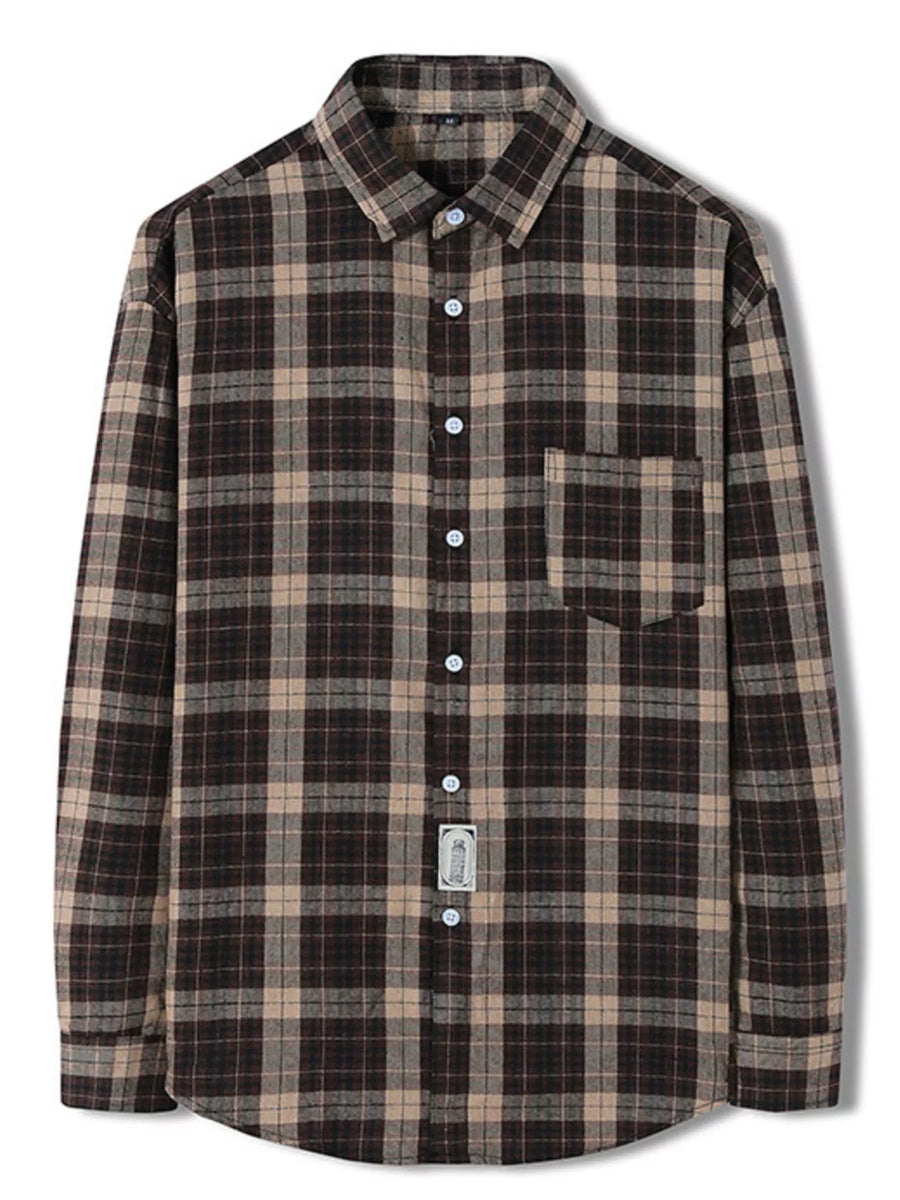 Brown plaid long-sleeve button-up shirt with chest pocket and cotton blend fabric.