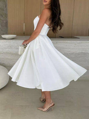 A-line dress in beige with strapless and sleeveless