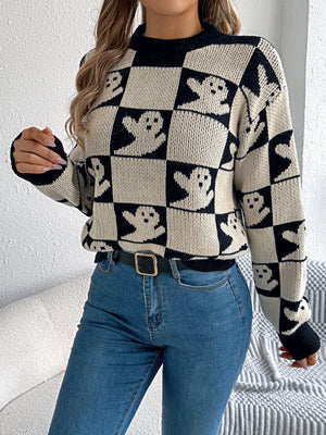 Checkerboard Halloween Graphic Sweater in cream with stretch