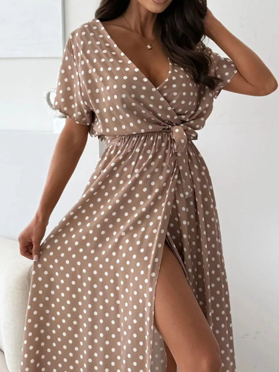 Polka Dot Surplice Maxi Dress With Slit in Dusty Pink, view 21