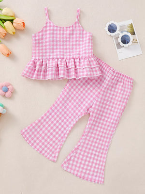 Pink gingham ruffled tank top and flared bell bottom pants set for baby girls.