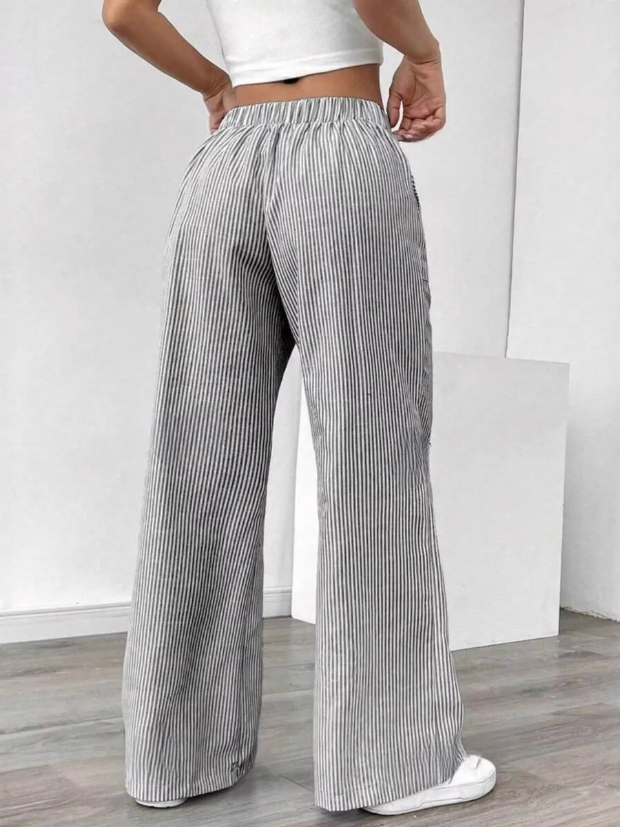 Chic striped drawstring maternity pants with pockets, wide leg, comfortable fit