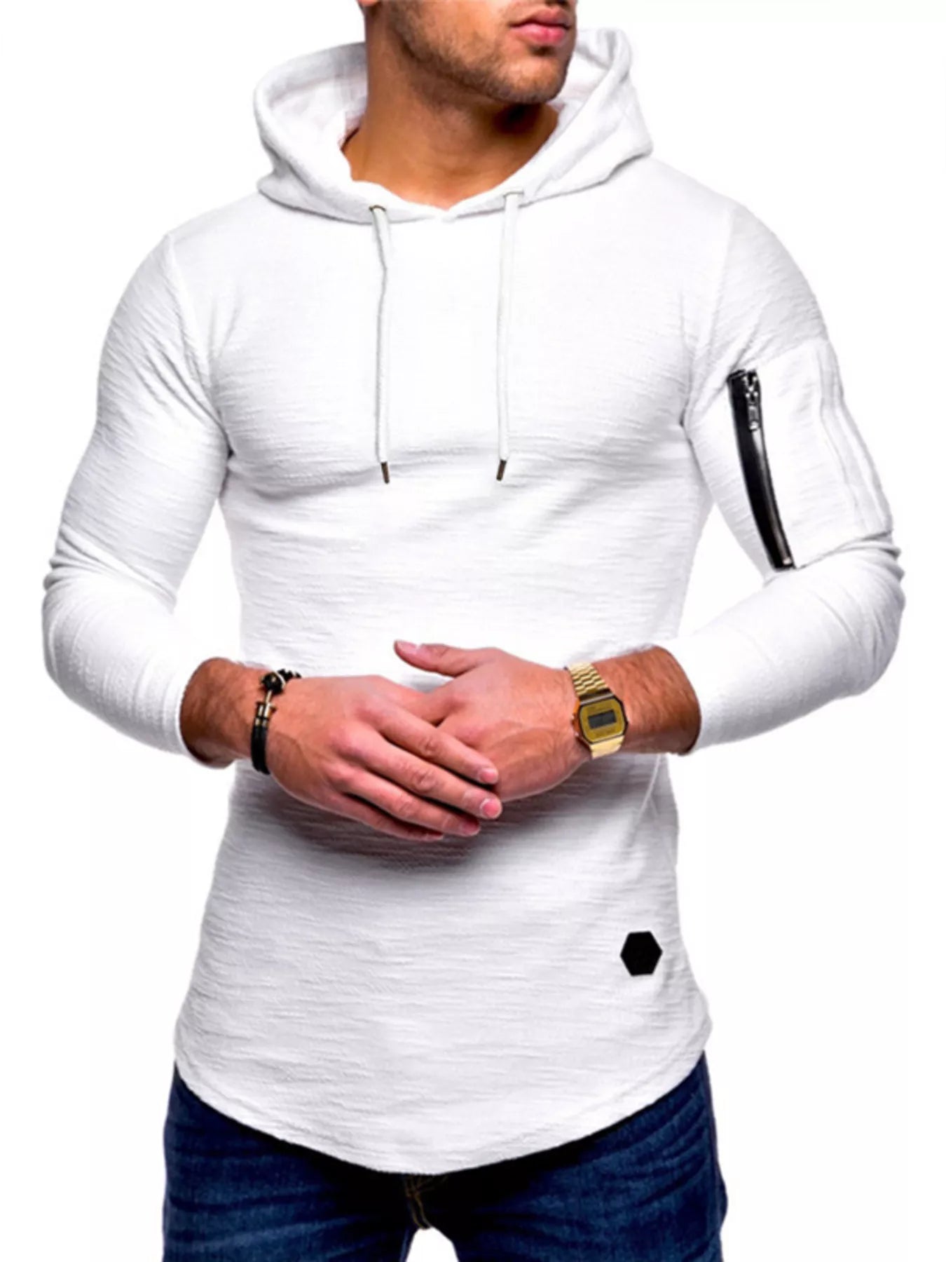 White slim fit long-sleeve hoodie with drawstring and zippered sleeve pocket.