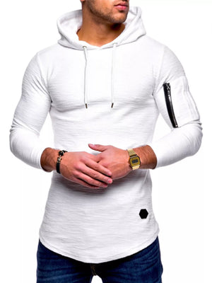White slim fit long-sleeve hoodie with drawstring and zippered sleeve pocket.