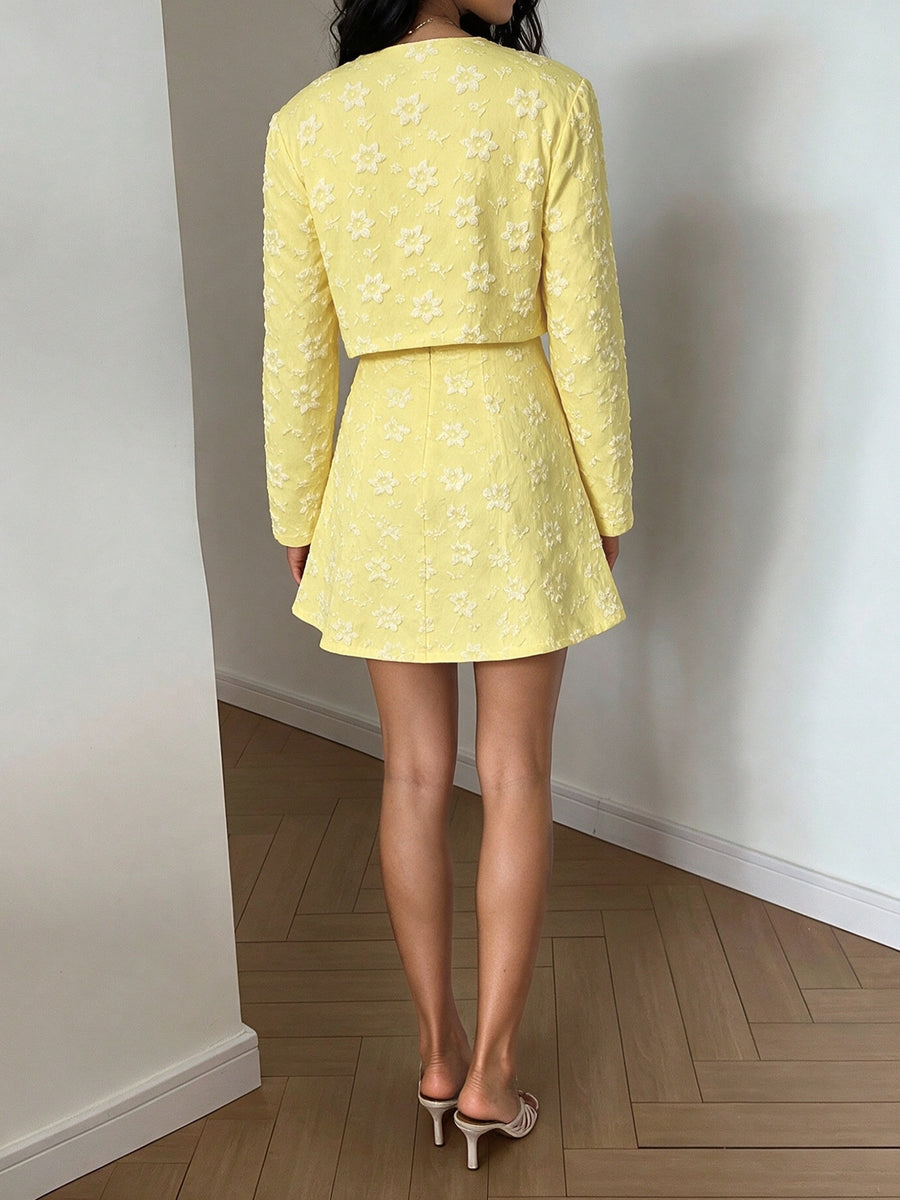 romantic dress and cardigan set in Yellow with square neck