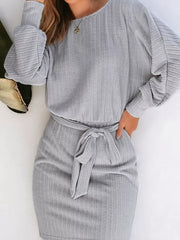 100% polyester Care instructions: Machine wash cold sweater dress in light gray with fitted silhouette