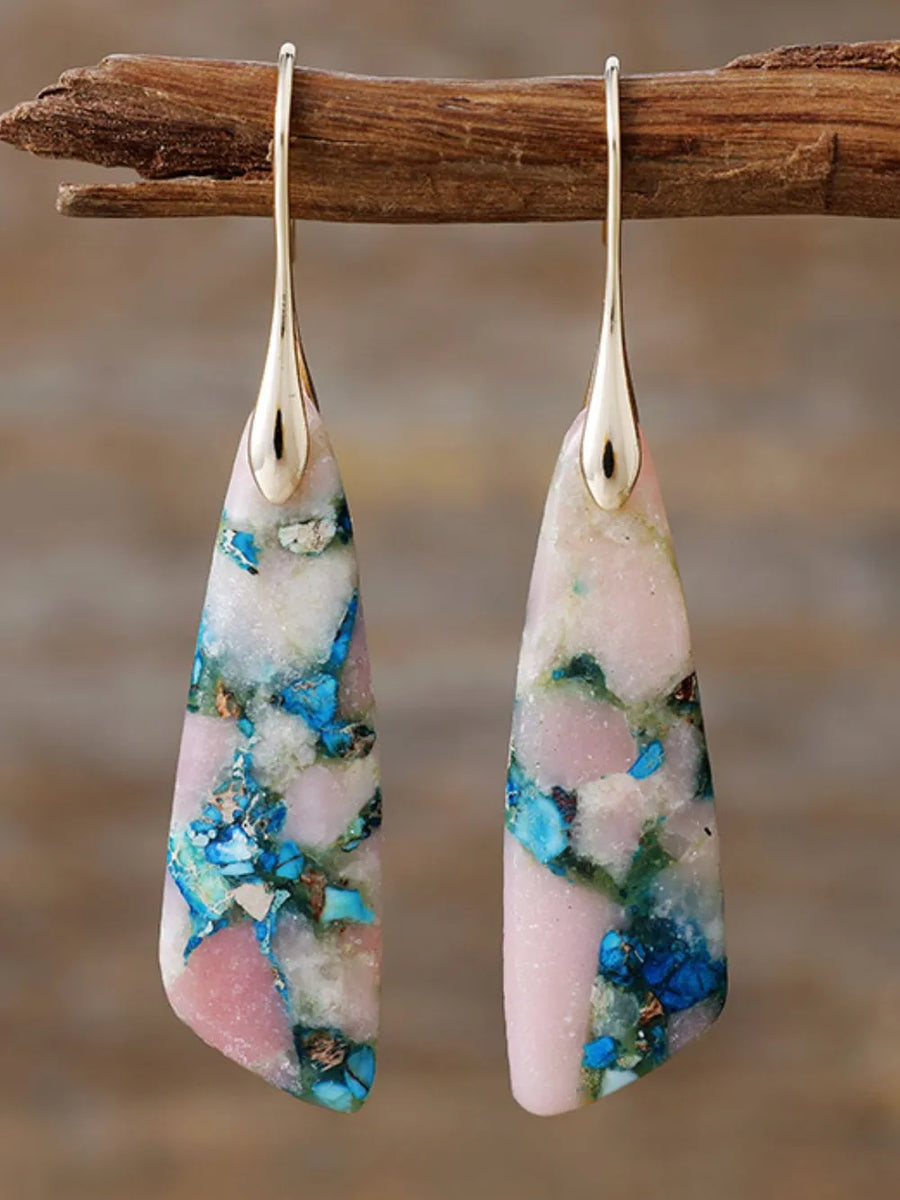 Teardrop earrings with pink and blue stone inlay, 14K gold-plated hooks.