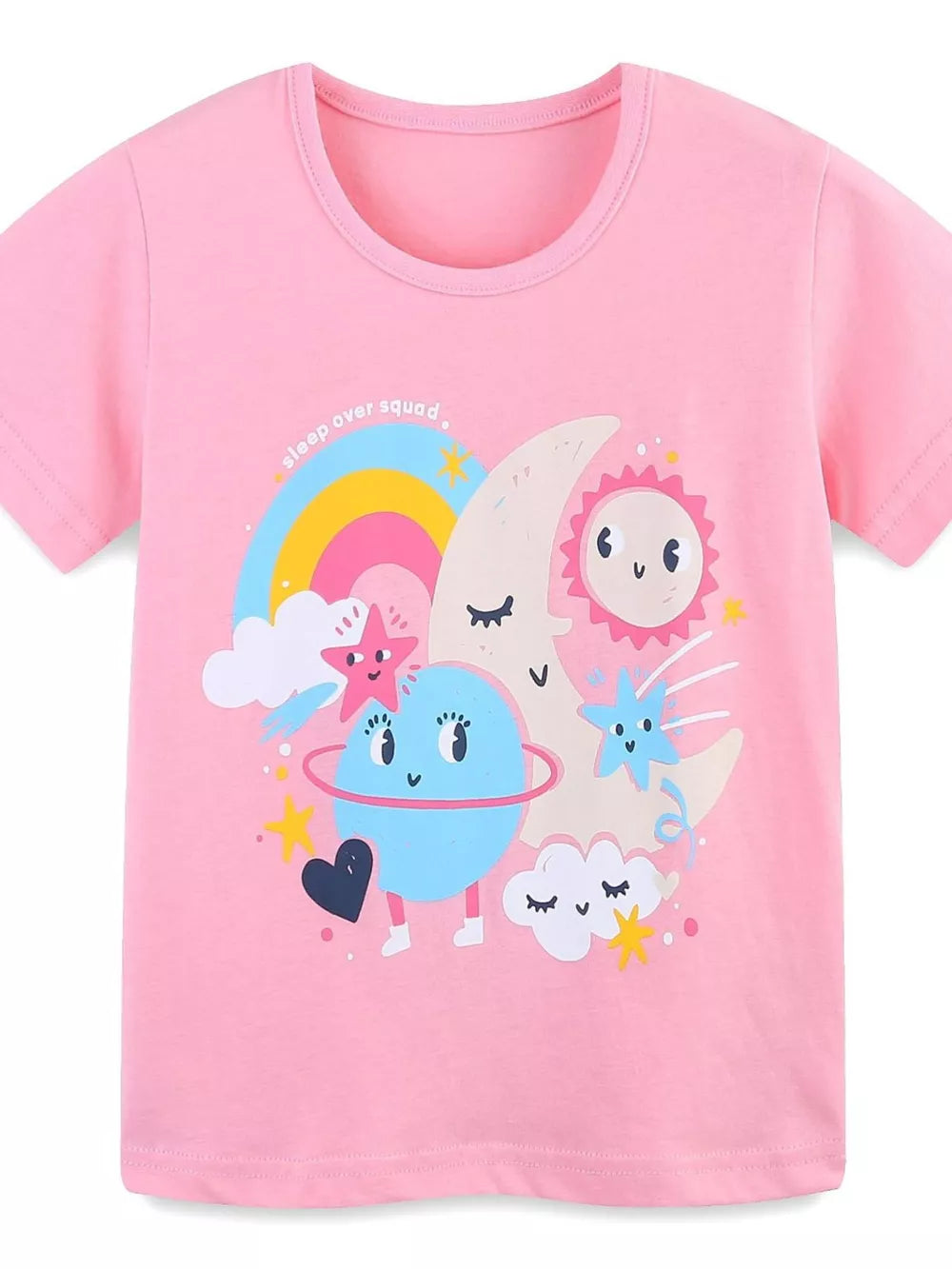 Kids blush pink cotton spandex t-shirt with "Sleepover Squad" graphic featuring moon, sun, planet, rainbow, and stars.