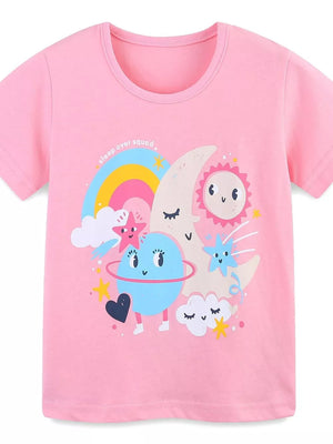 Kids blush pink cotton spandex t-shirt with "Sleepover Squad" graphic featuring moon, sun, planet, rainbow, and stars.