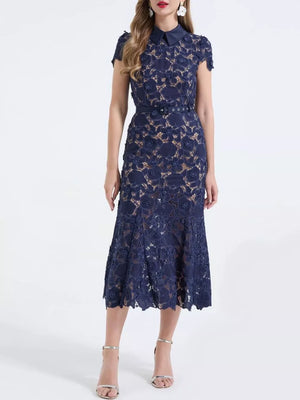 Dark Blue floral lace midi dress with belt and collar