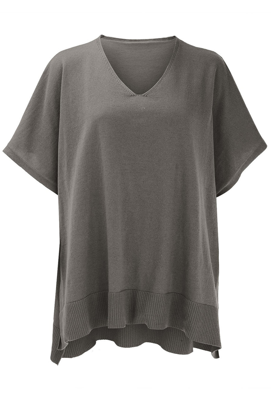 Relaxed V-neck knit poncho top in dark gray with short sleeves and ribbed hem.