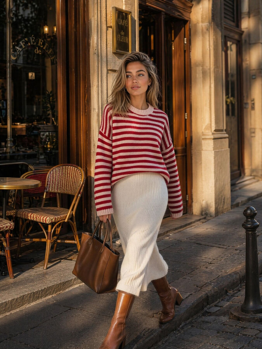 crewneck sweater in red with striped and stretchy