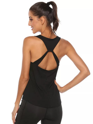 Black athletic tank top with a racerback and cutout detail.