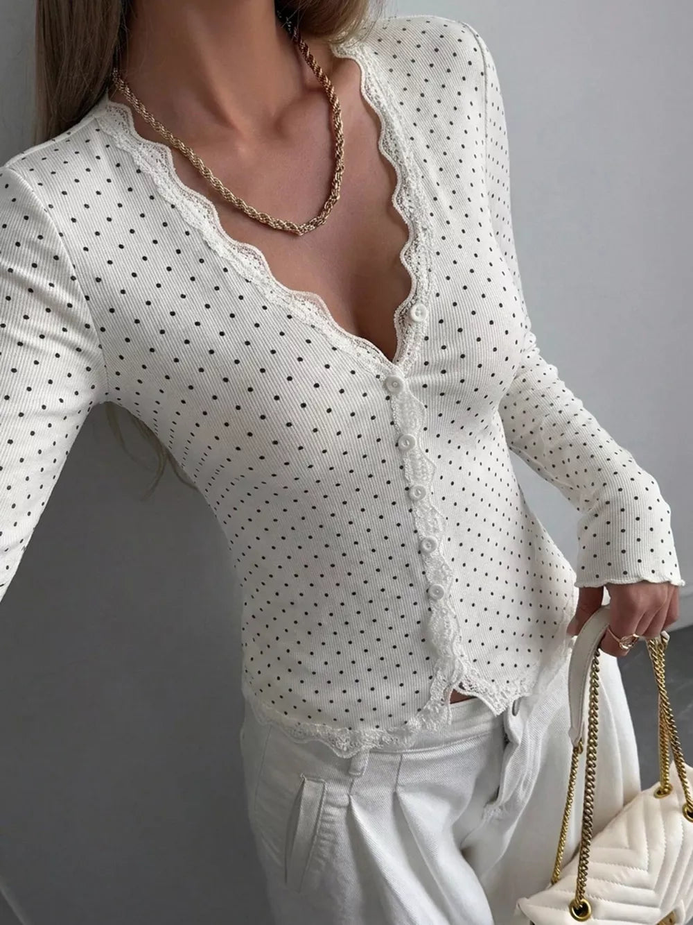 Black Lace Trim V-neck Ribbed Long Sleeve Blouse