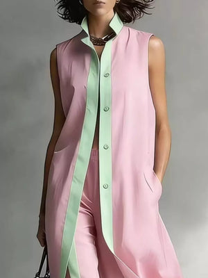 Sleeveless Longline Vest And Wide-leg Pants Set in Pink