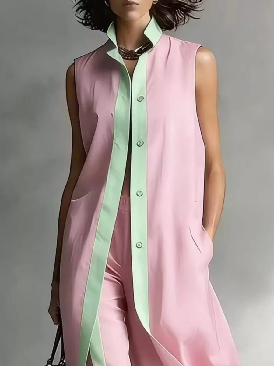 Sleeveless Longline Vest And Wide-leg Pants Set in Pink
