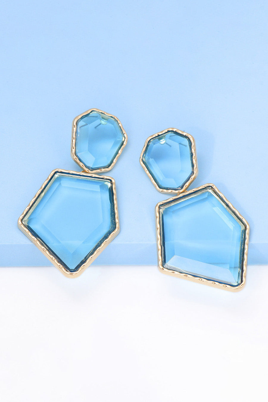 Light blue resin facet drop earrings with gold trim