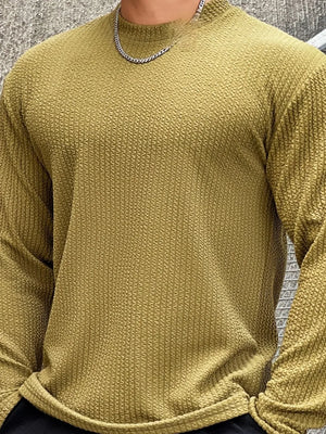 Men's yellow-green textured long sleeve tee with a round neck.