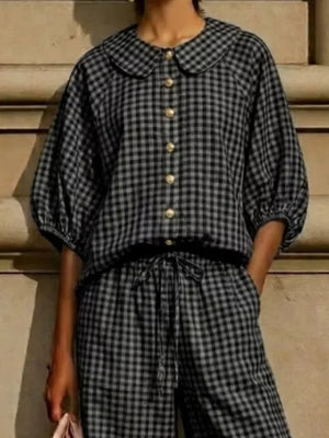 Full Size Plaid Button Up Shirt And Pants Set Plus Size in Purple