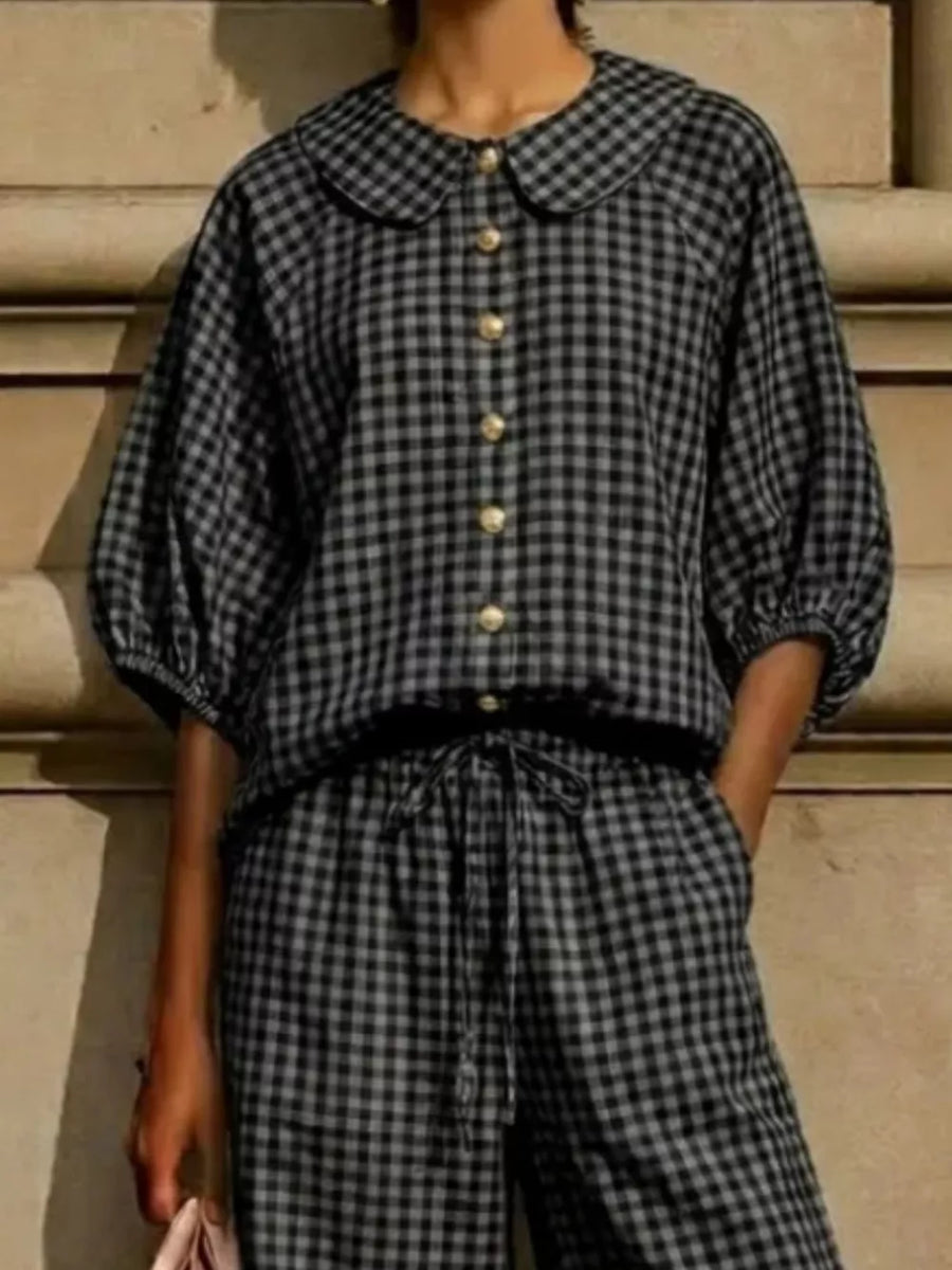 Full Size Plaid Button Up Shirt And Pants Set Plus Size in Purple