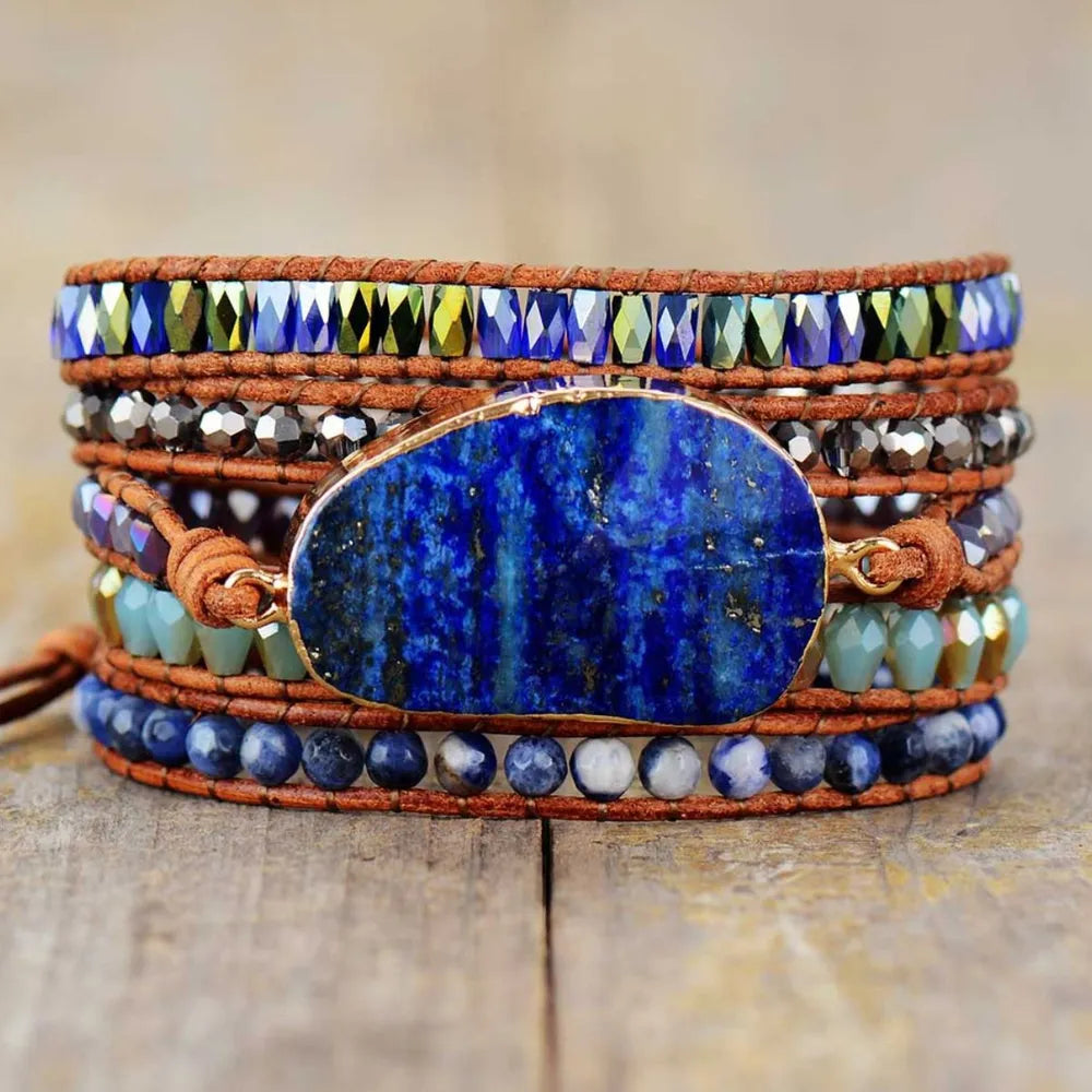 Lapis Lazuli wrap bracelet with leather cord and mixed beads in royal blue.