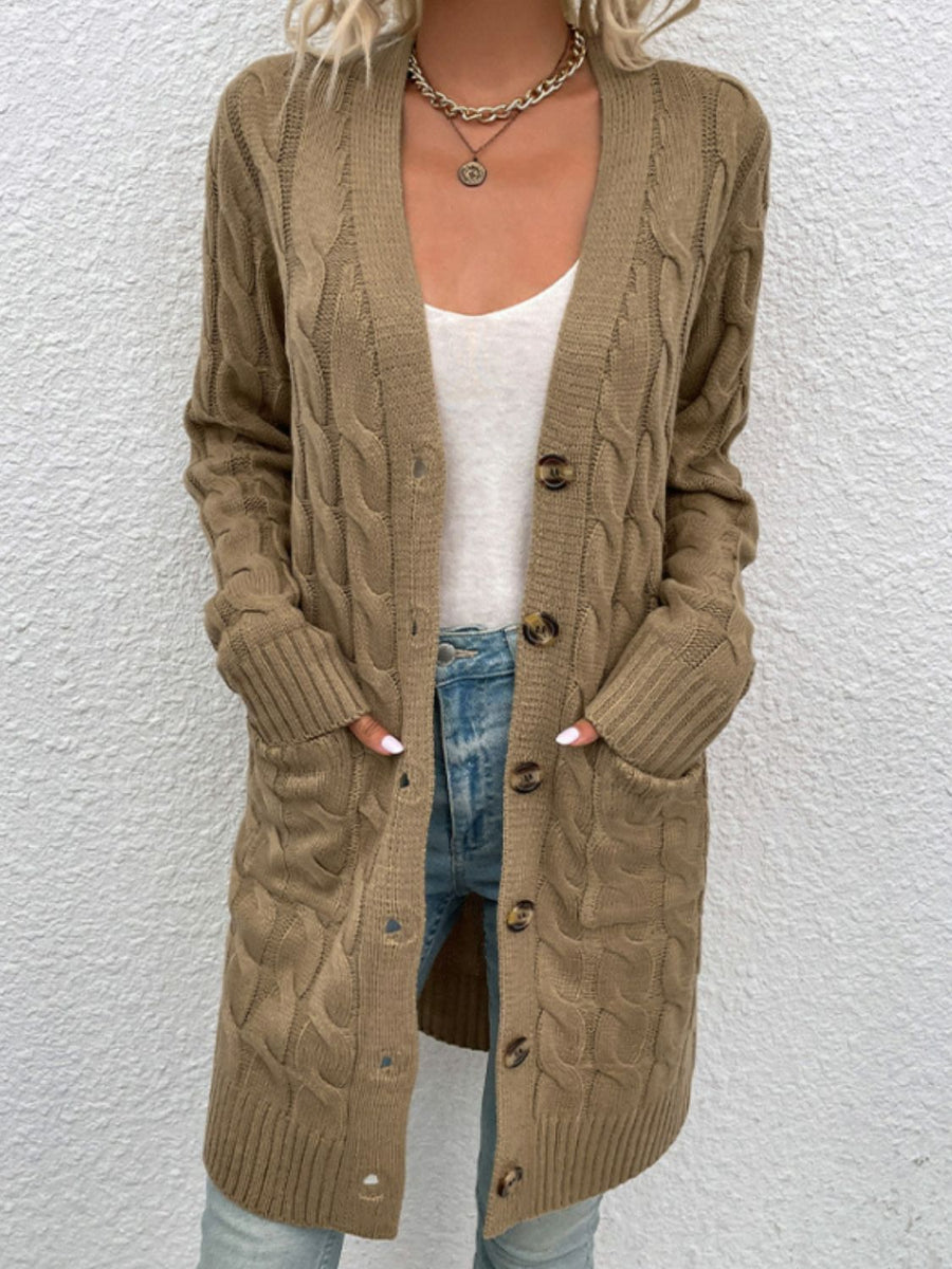 Tan cable knit button-down cardigan with pockets and a V-neck.