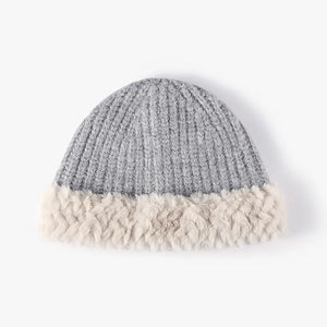 Light gray ribbed knit beanie with plush faux fur trim