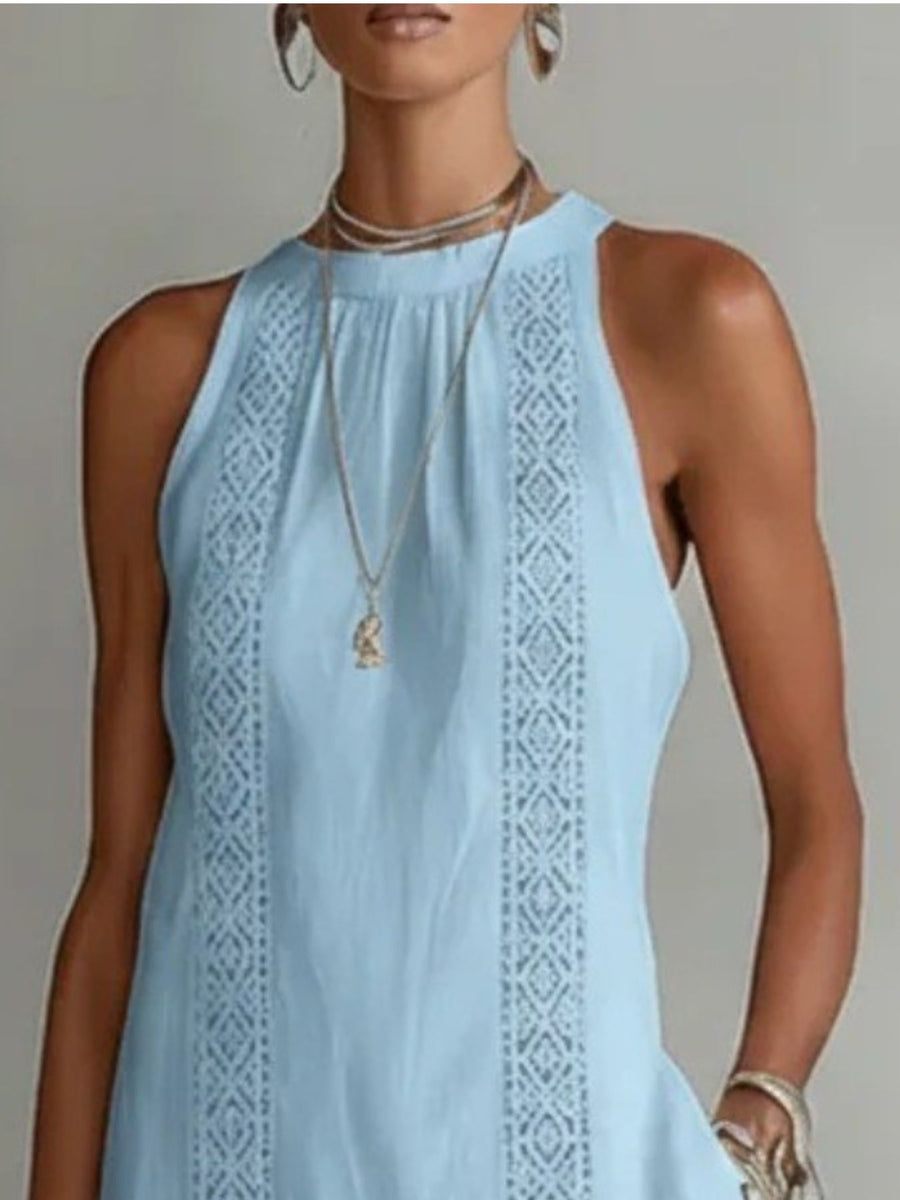 Light blue sleeveless midi dress with lace trim and pockets