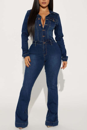 jumpsuit in dark wash denim blue featuring washed and slim fit