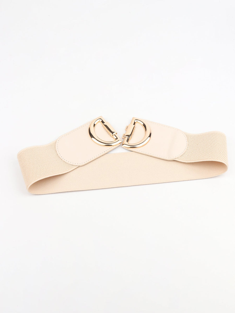 Cream elastic belt with double D gold buckle and faux leather accents