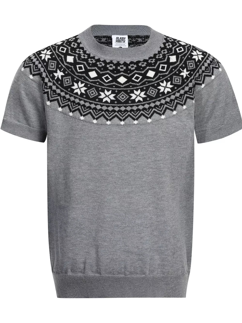 Grey short sleeve sweater with black and white fair isle yoke pattern