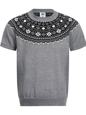 Grey short sleeve sweater with black and white fair isle yoke pattern