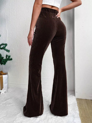 Dark Brown corduroy maternity flare pants with high waist and bell bottoms.