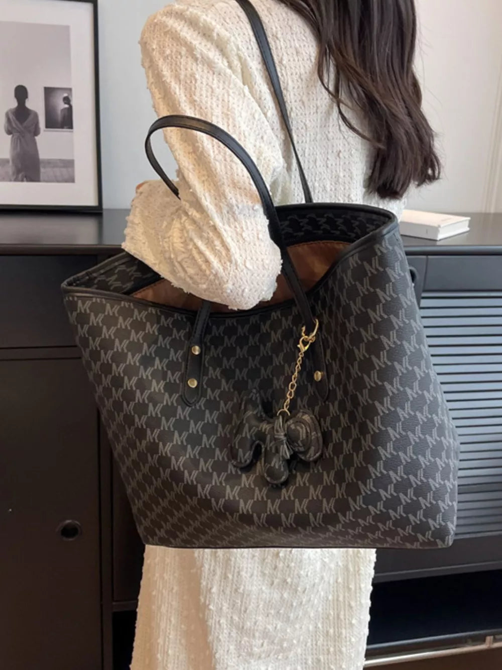 charcoal tote featuring logo print and geometric