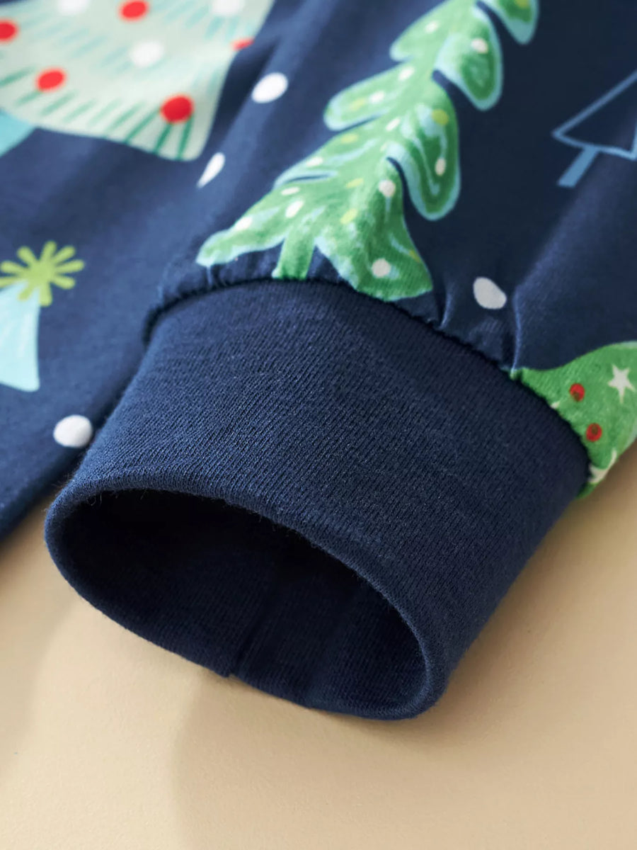 Children's Christmas tree pajama set in French Blue with ribbed cuffs.