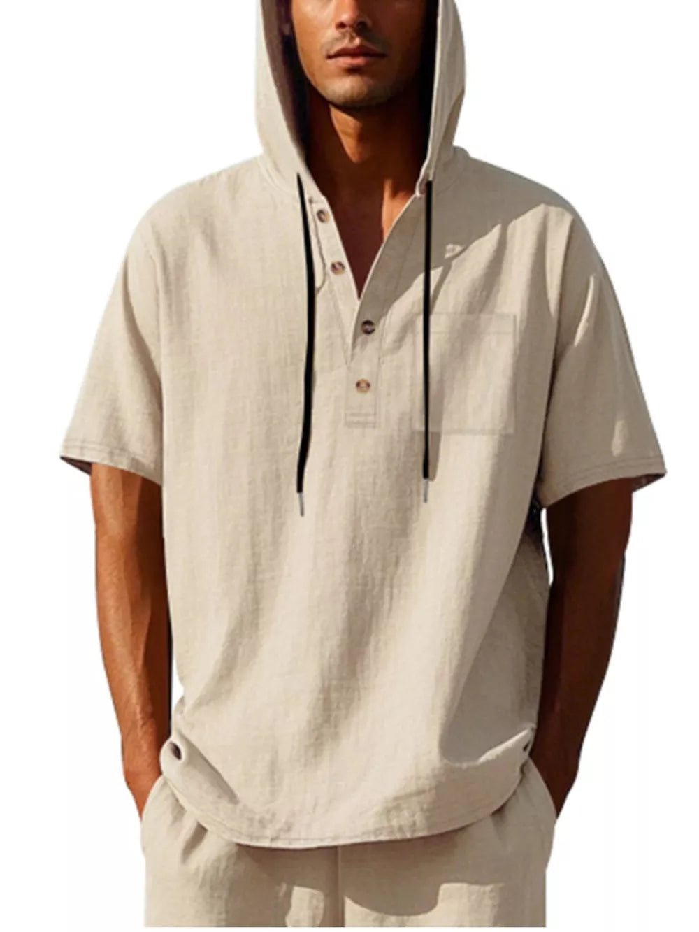 Men's beige linen short sleeve hooded shirt with button placket and chest pocket