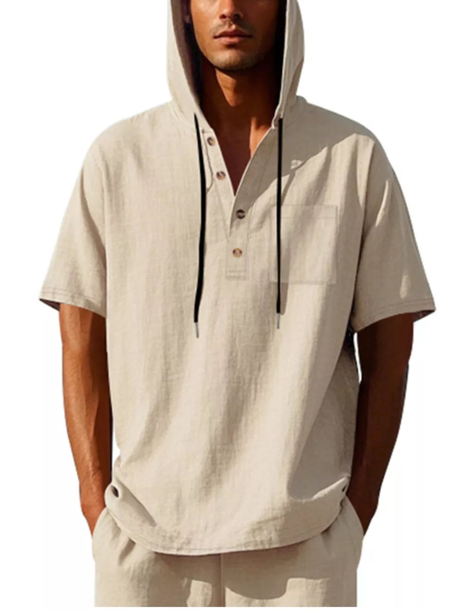 Men's beige linen short sleeve hooded shirt with button placket and chest pocket