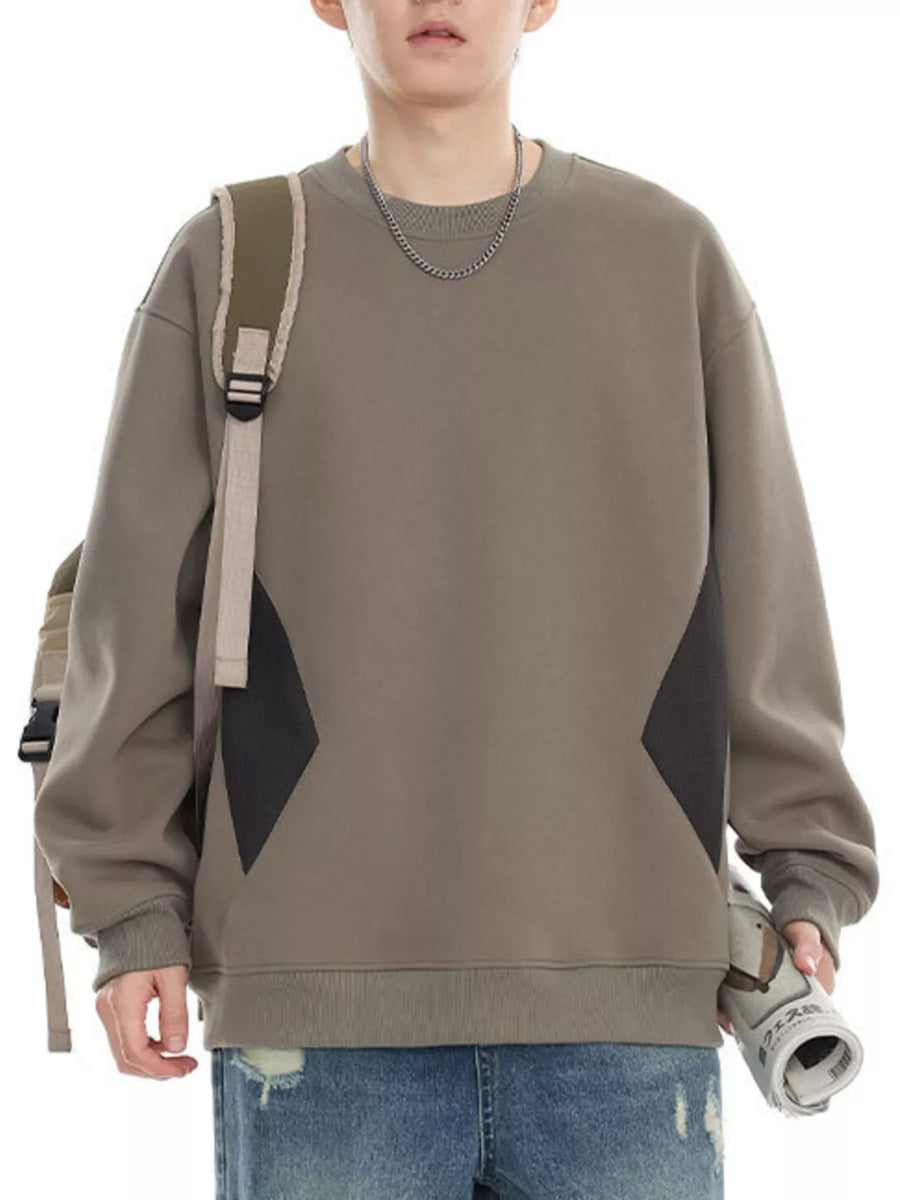 Oversized khaki cotton crew-neck sweatshirt with black panel details.
