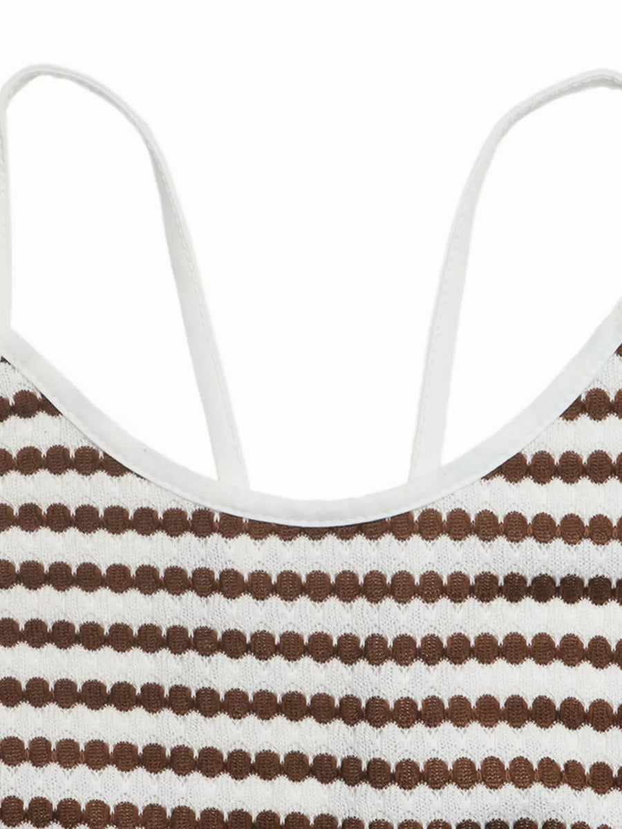Halter neck midi dress with brown and white stripe pattern and textured detail.