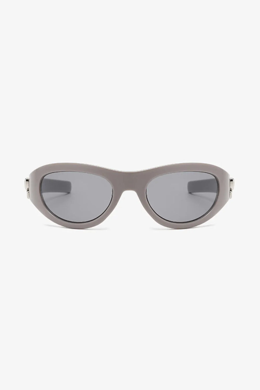 Gray sporty shield sunglasses with dark lenses and a bow accent detail.