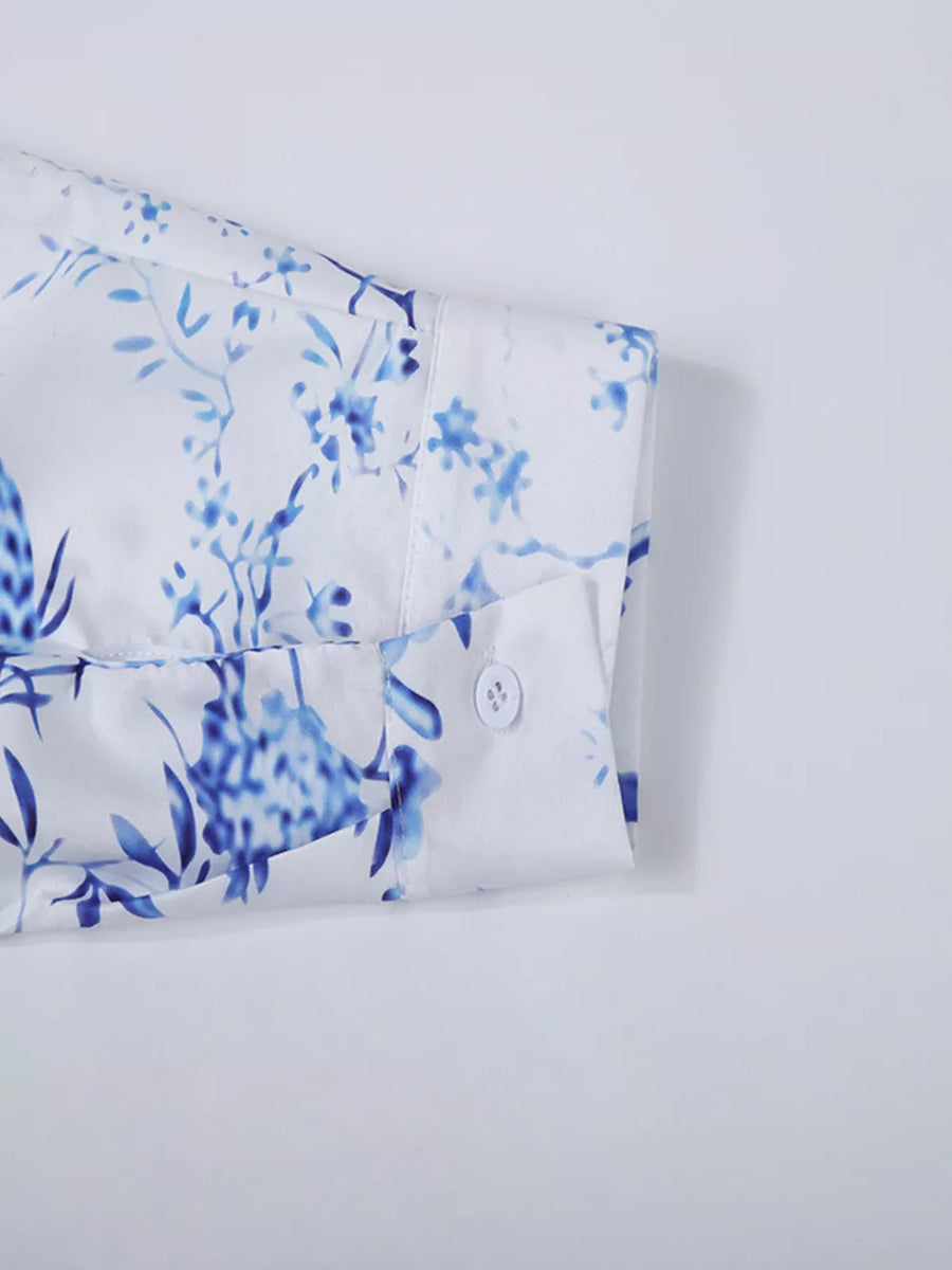 Light Blue with Men's Full Size Floral Print Button-down Shirt