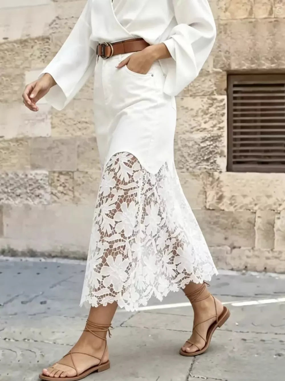 White midi skirt featuring lace and floral
