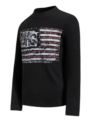 red t-shirt featuring ribbed knit and striped