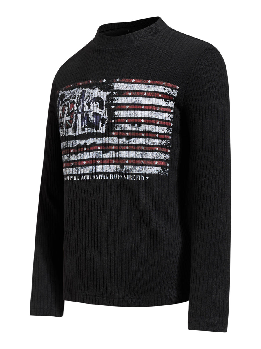 red t-shirt featuring ribbed knit and striped