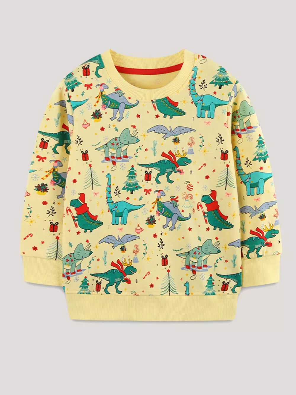 Yellow cotton crew neck sweatshirt with festive dinosaur Christmas print
