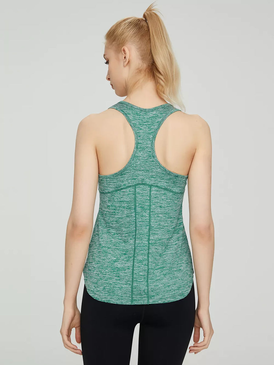 Green heathered racerback tank top with curved hem and seam details.