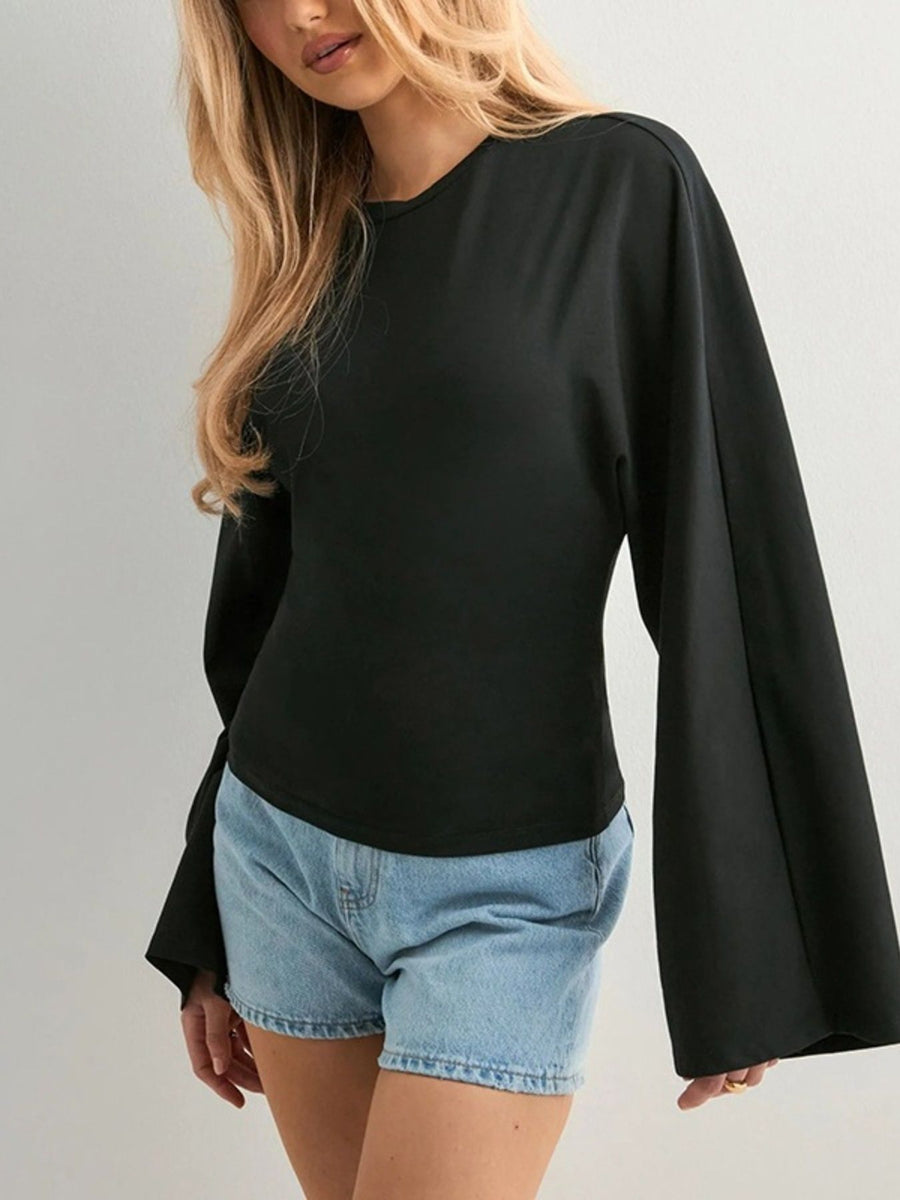 Solid Color Long Sleeve Plus Size T-Shirt in ivory with stretch