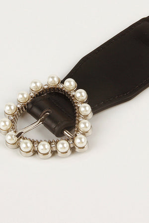 Black stretch belt with pearl and rhinestone heart buckle detail