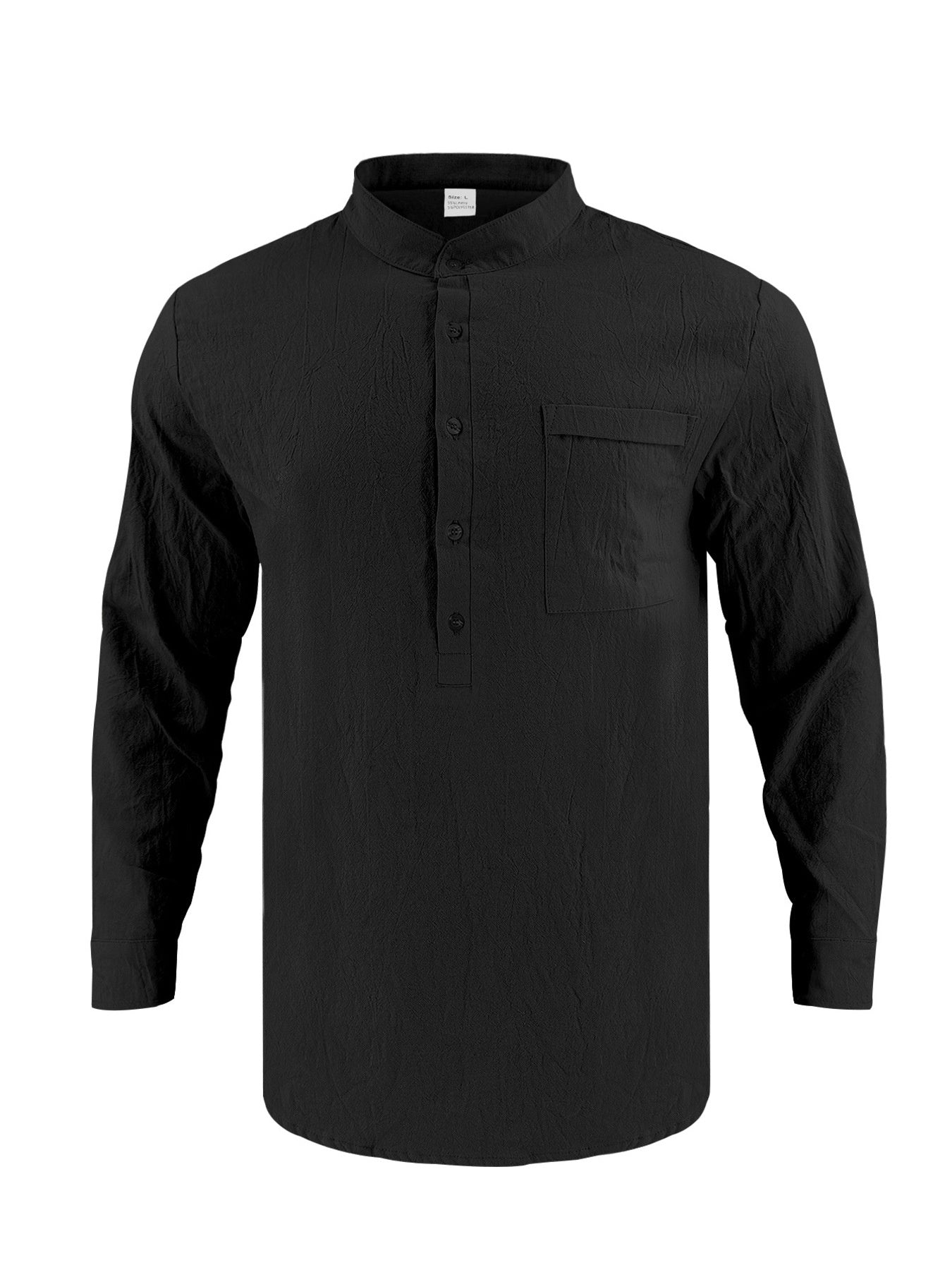 Black cotton band collar button-down shirt with chest pocket