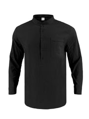 Black cotton band collar button-down shirt with chest pocket